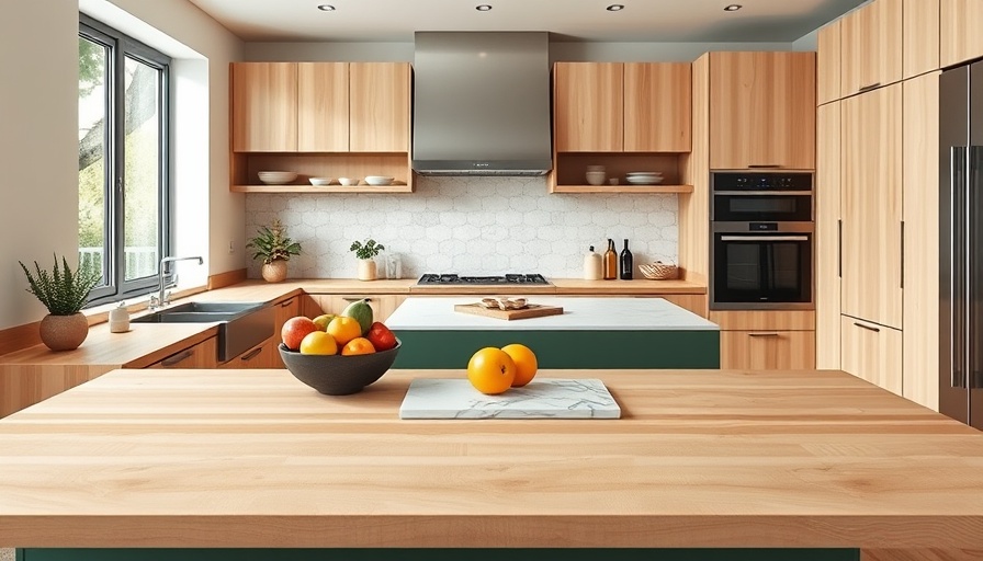DIY butcher block countertop in modern kitchen with fruit bowl.