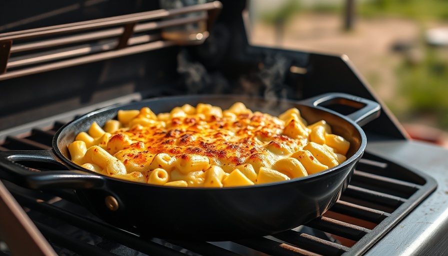 Grilled mac and cheese sizzling on BBQ grill in iron skillet.
