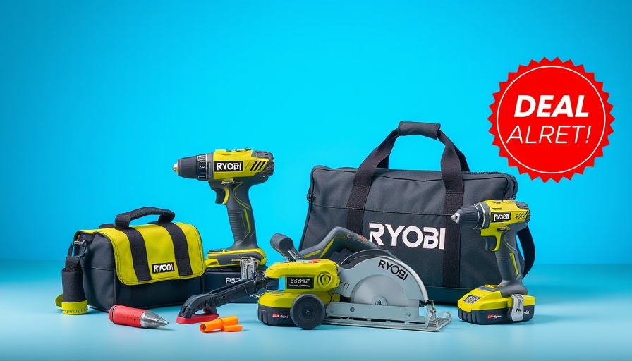 Ryobi Six Tools Offer featuring drill, saw, and tool bag.