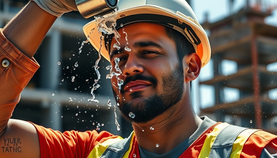 Construction worker cooling down with water under hot conditions, gadgets for working in the heat.
