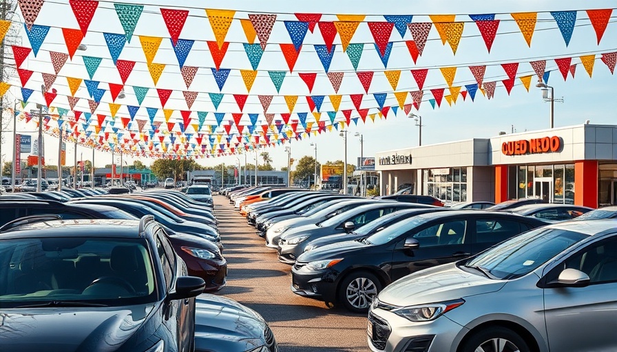 Used car dealership with colorful flags and multiple vehicles.