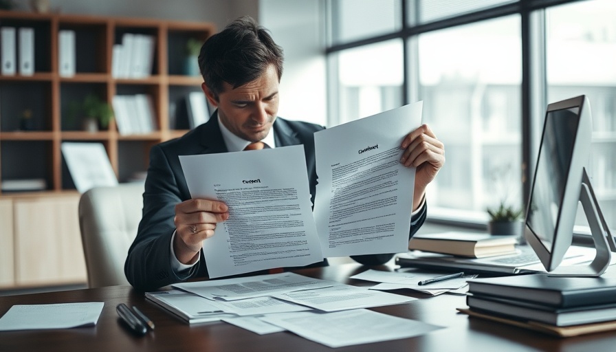 Frustrated person holding broken contract in modern office, real estate context.