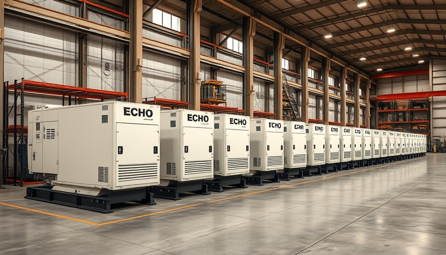 ECHO industrial power generators in warehouse neatly aligned.