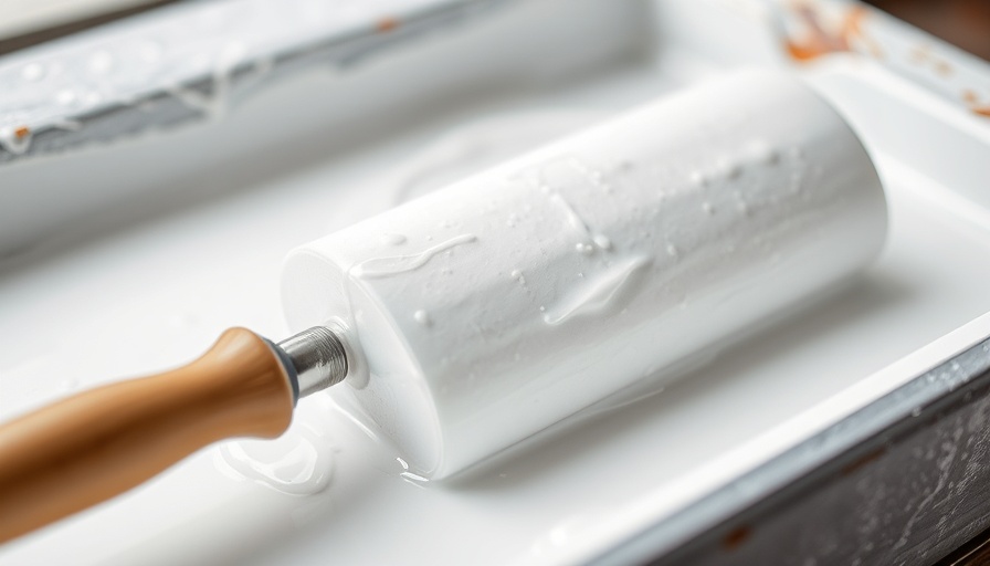 Close-up of paint roller with white paint for DIY tips.