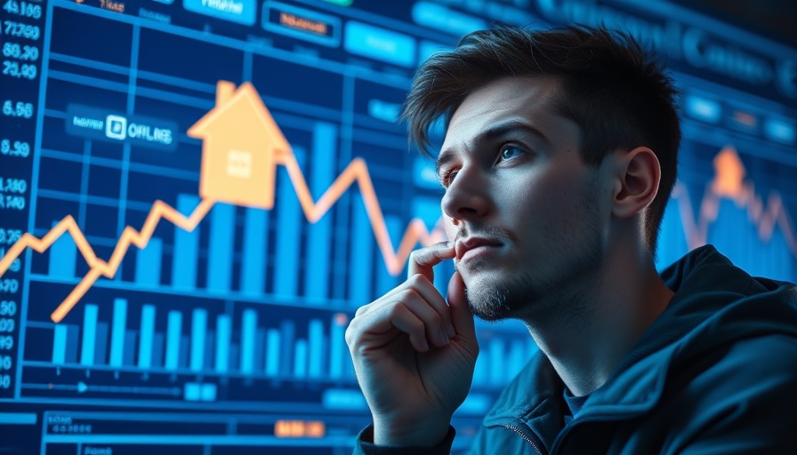 Pensive man analyzes housing market trends; considering if now is the time to buy a house.