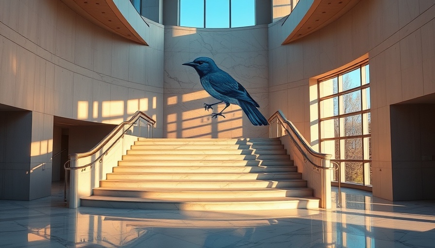 Elegant staircase in artist's atelier home design with blue bird mural.