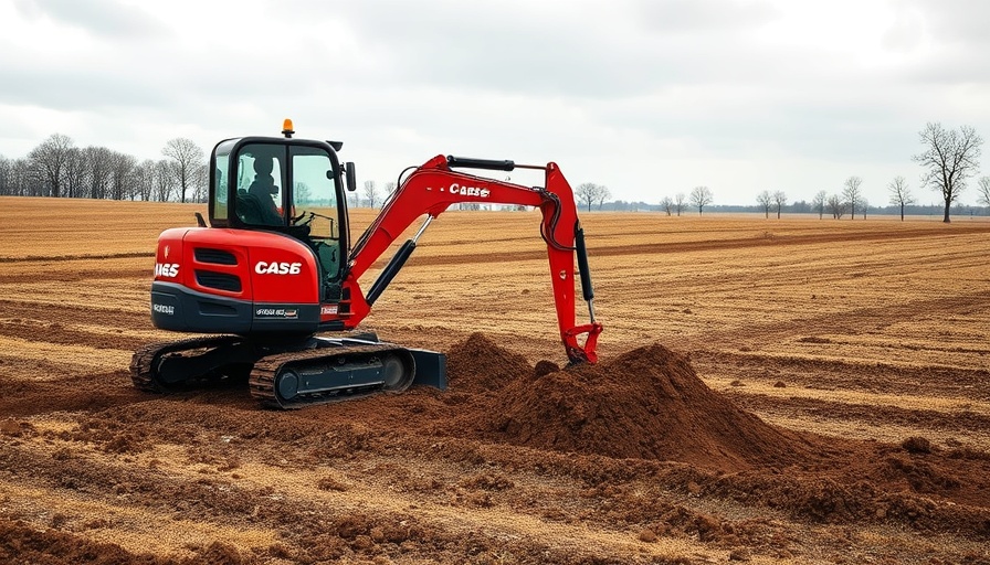 Case midi excavator digging in a field with cloudy sky.
