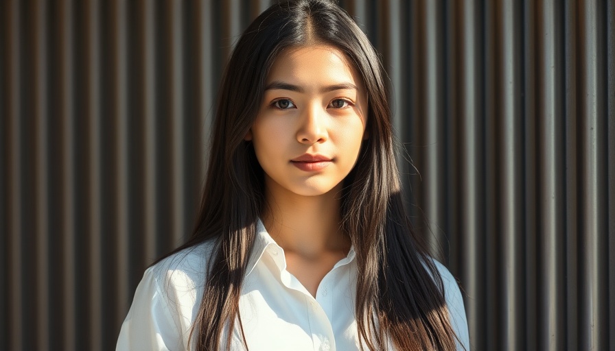 Portrait of a young woman against a metallic background, emphasizing serenity and warmth.