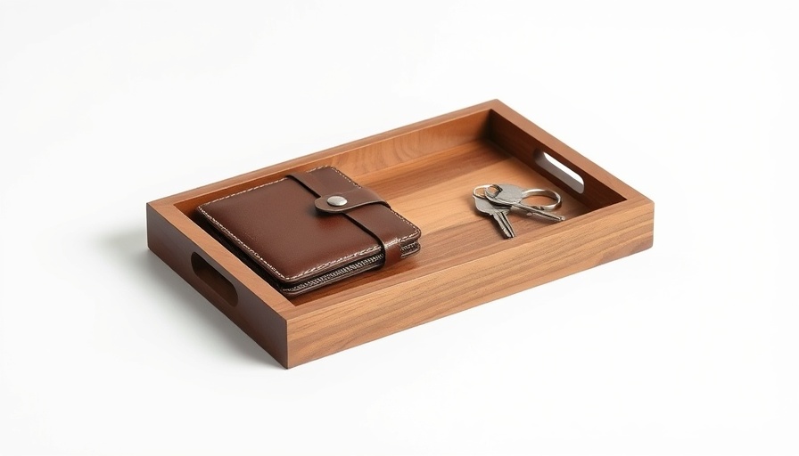 Minimalist wooden tray with wallet and keys for Father's Day Gifts for Design-Minded Dads.