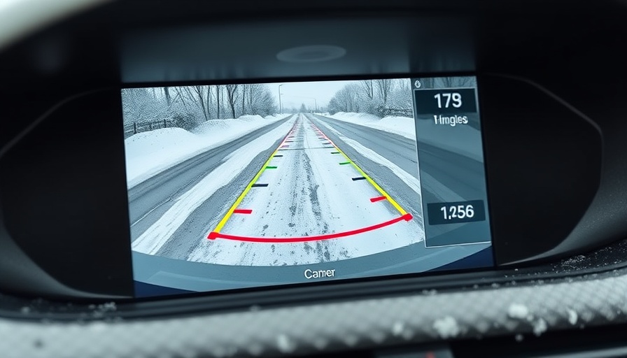 Backup camera screen showing snowy driveway and guidelines.