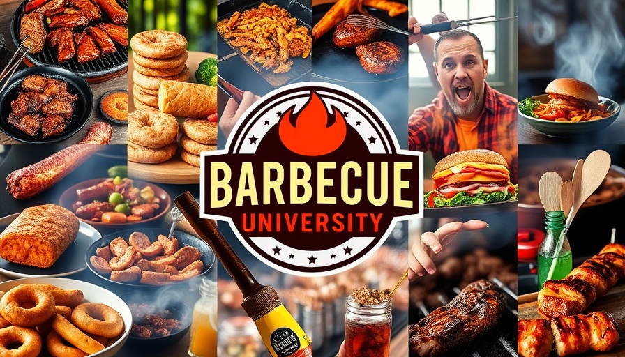 Barbecue University anniversary collage with logo and grilling scenes.