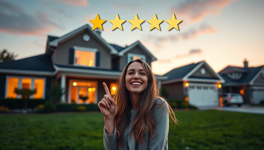 Woman indicates one-star rating with suburban home, addressing unfair Airbnb reviews.