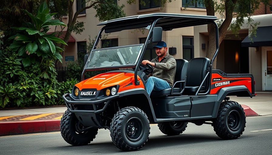 Cushman Hauler XL UTV in urban environment, driven by a man.