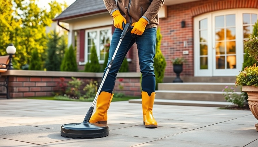 Man using pressure washer on patio, highlighting cleaning method.