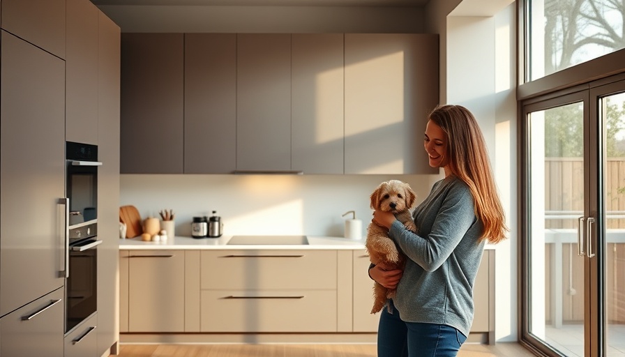 Vipp aluminum kitchen design with couple and dog, warm interaction.