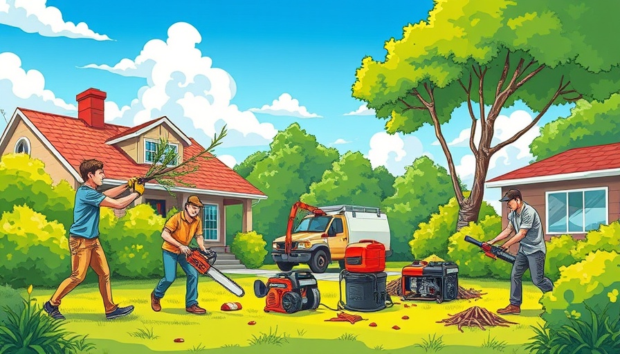 Cartoon of storm preparation in a yard, clearing debris.