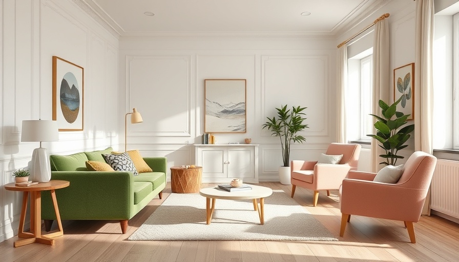 Chic Scandinavian design living room in Brooklyn with green sofa and pink chairs.