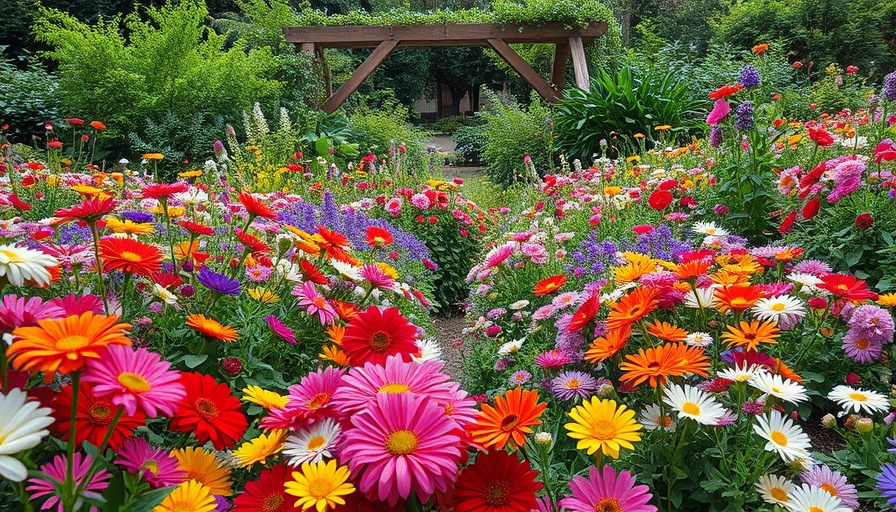 Vibrant garden filled with late summer flowers under soft light.