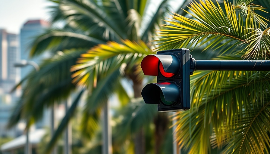Horizontal traffic lights with palm background in urban setting