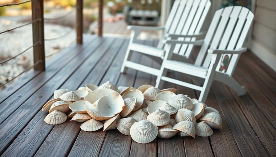 Razor clam shells on wooden deck near vintage chair, DIY inspiration.