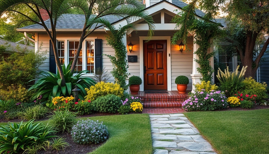 Charming house front yard showcasing lush landscaping and garden