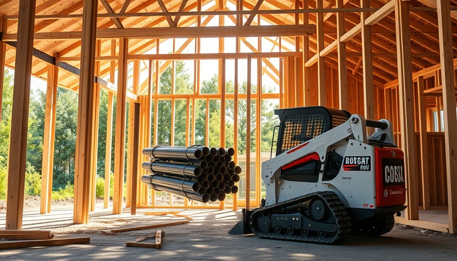 Compact track loader moving pipes at a construction site with wooden framing.