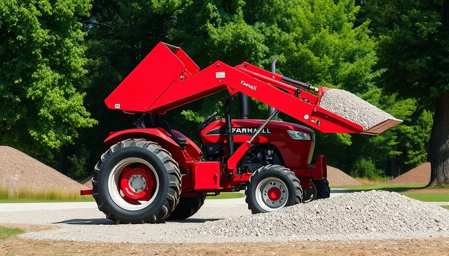 Farmall utility tractor with front loader dumping gravel, lush background.