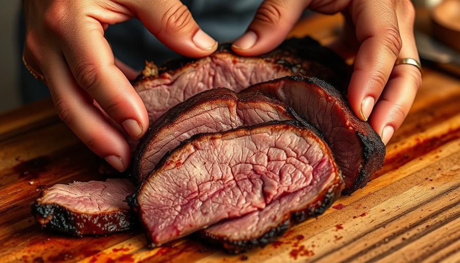 Smoked brisket slices in the kitchen showcasing texture.