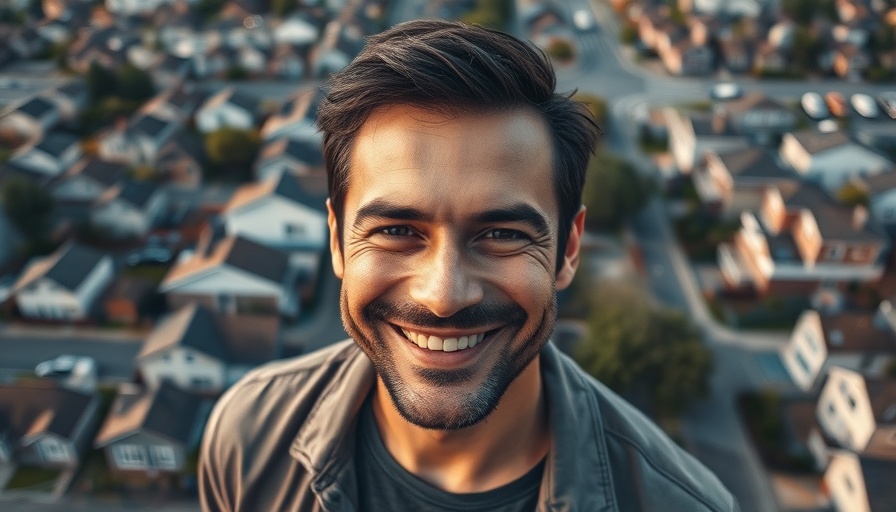 Confident man smiling against aerial neighborhood background, Homebuyer Market Timing focus.