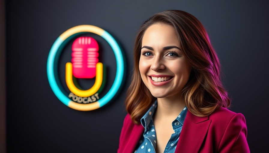 Smiling real estate agent with neon podcast logo.