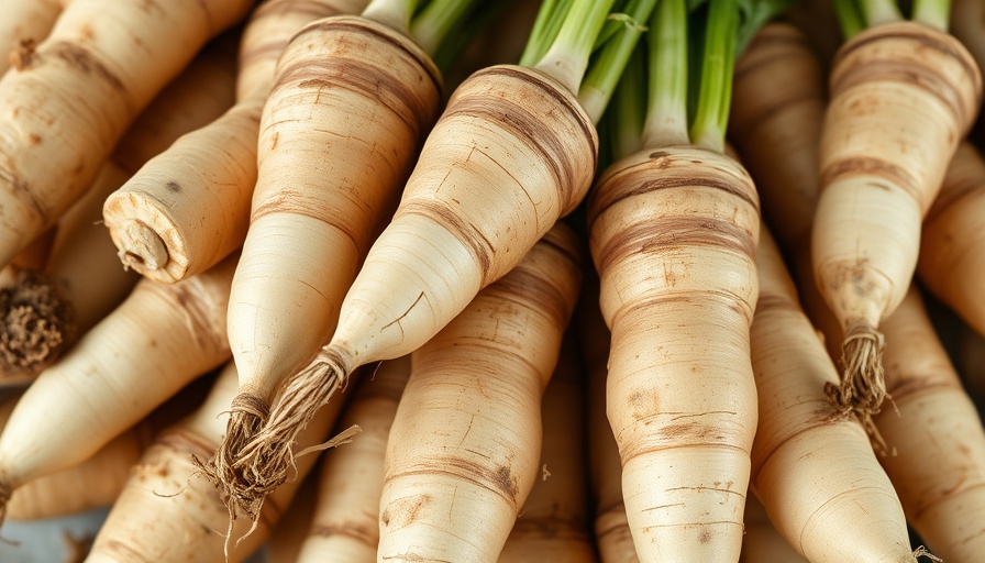 Freshly harvested horseradish roots with texture and dirt.