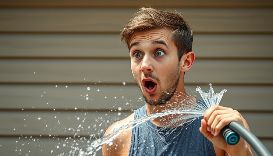 Aquarium cooling best practices depicted humorously with a man cooling off with a hose.