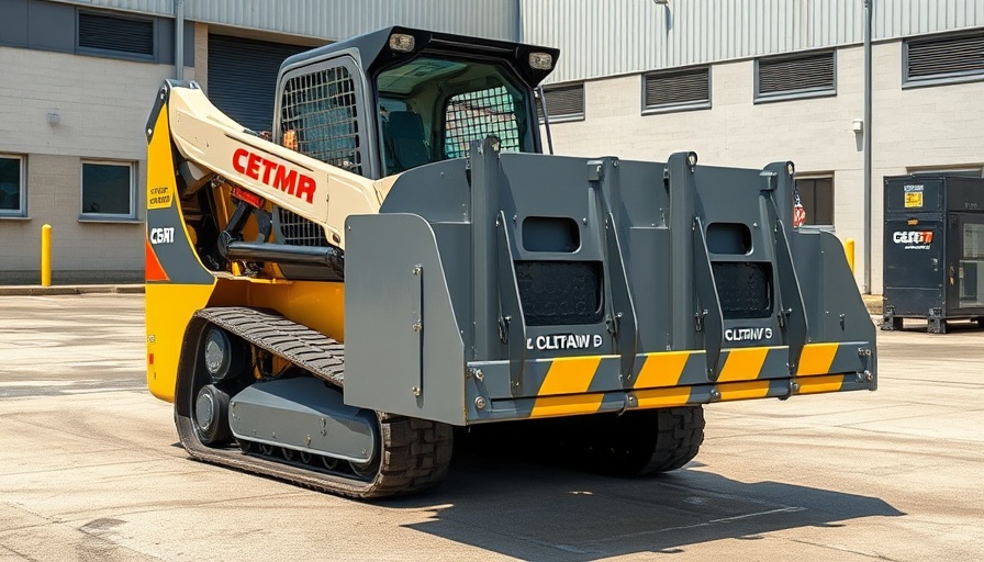 Center paver attachment for compact track loaders displayed in an industrial yard.