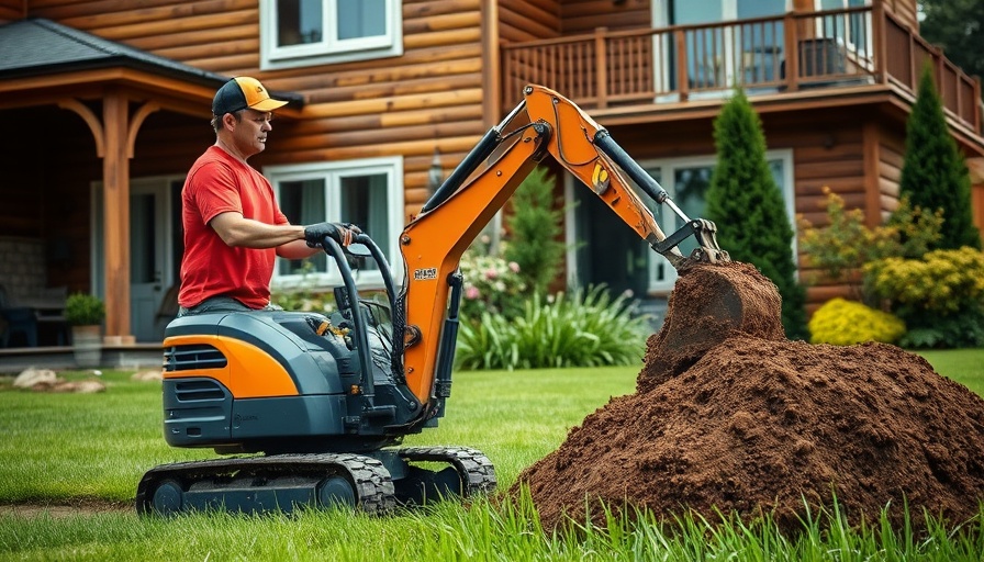 Mini excavator operating in a residential garden for landscaping projects.