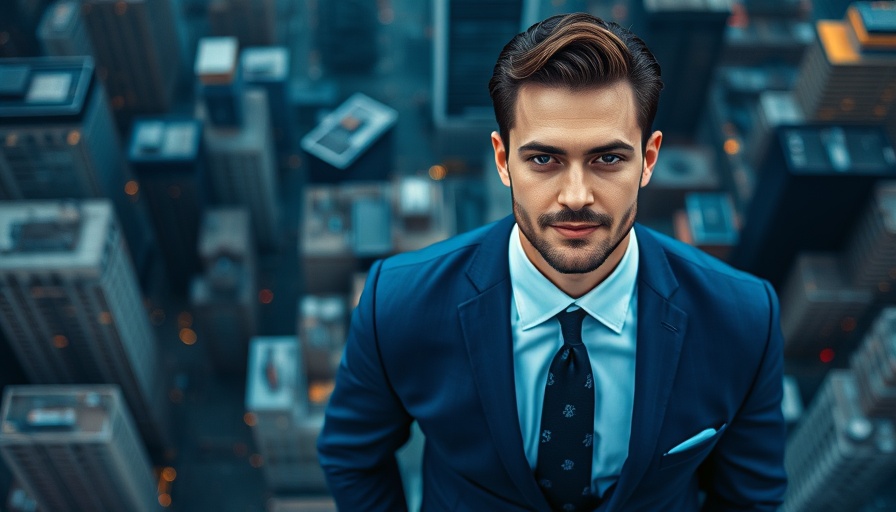 Confident man in blue suit with cityscape background for rental income advice