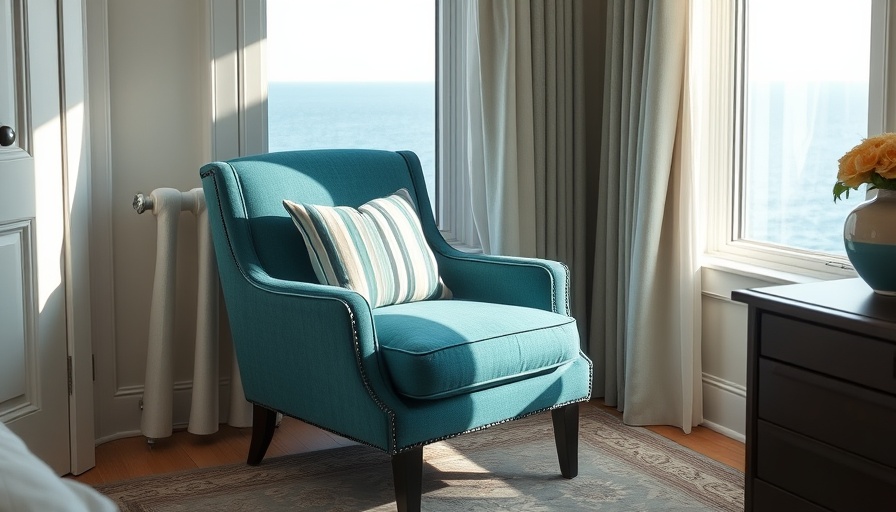 Elegant sunlit bedroom with cozy teal armchair by the window.
