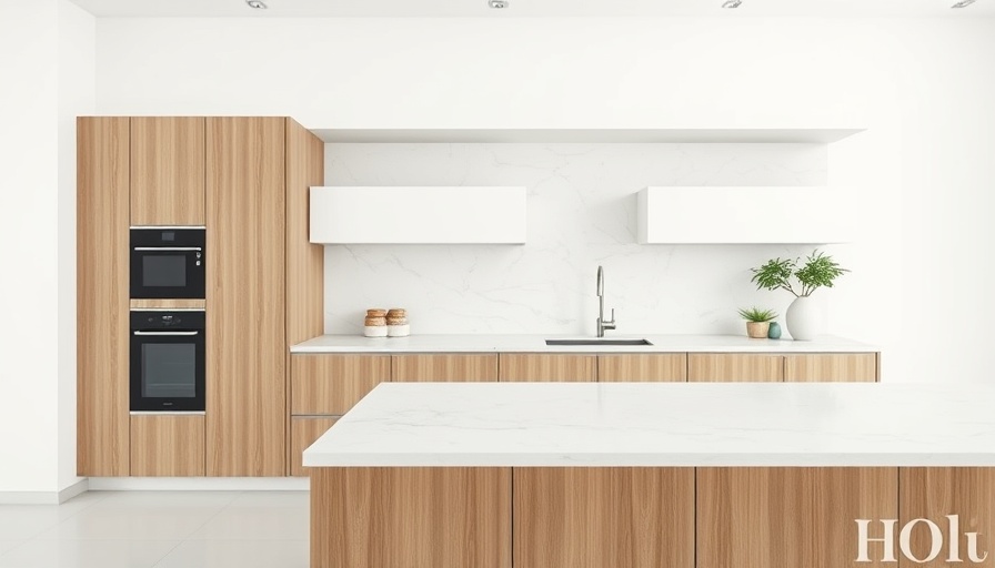 Modern kitchen with marble countertop and wooden cabinets