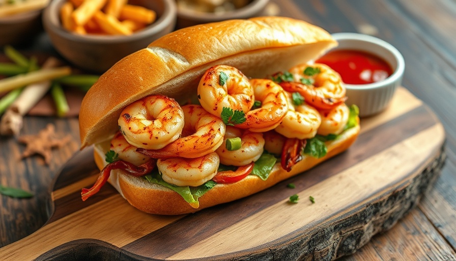 Delicious grilled shrimp Po'Boy sandwich with lettuce on wooden board.