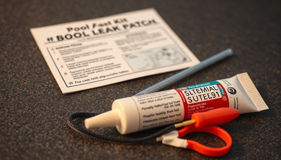 Close-up of pool leak patch kit components including instructions and tools.