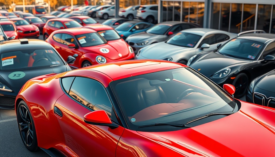 Cars at dealership highlighting sticker system, featuring a red sports car.