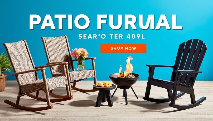 Promotional graphic for Wayfair patio deals featuring chairs and fire pit.