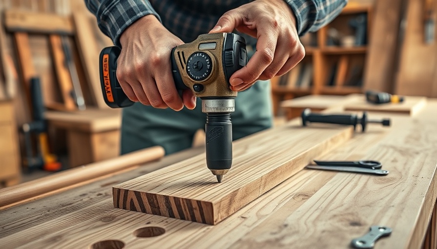 Close-up of cordless drill in use on wood, featuring drill bits and materials.