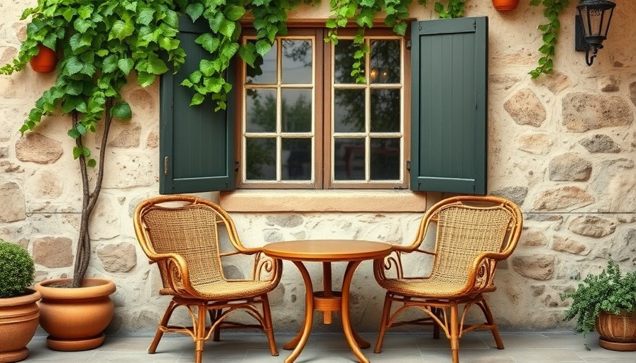 Rustic patio with chairs and table by stone wall, home improvement ideas for summer.