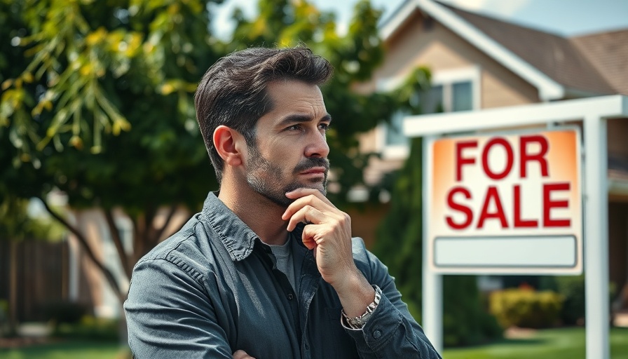 Pensive man with crossed-out 'For Sale' sign, indicating housing market trends.