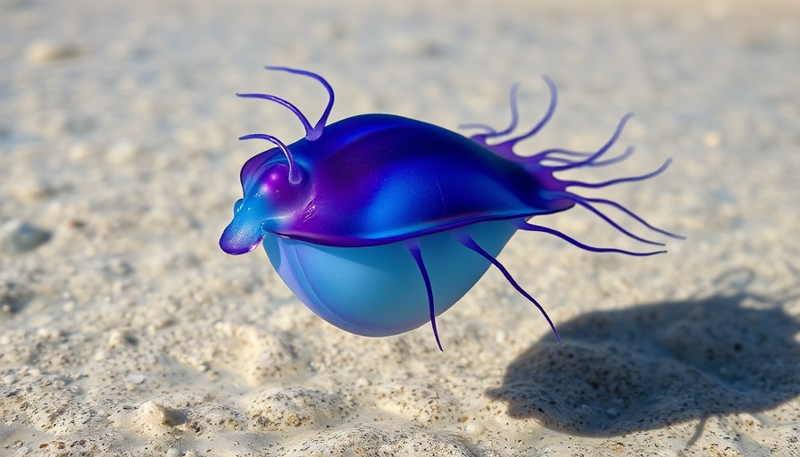 Vibrant floating Portuguese Man O’ War species in shallow water.