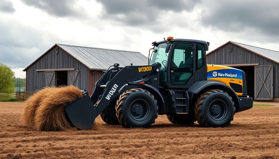 New Holland W100D compact wheel loader sweeping farm area