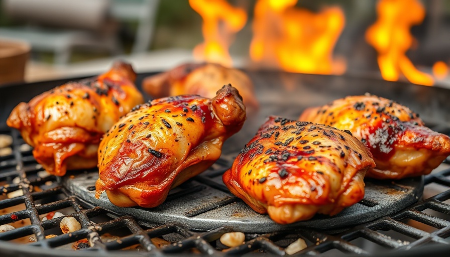 Juicy chicken thighs on griddle smoking over flames.