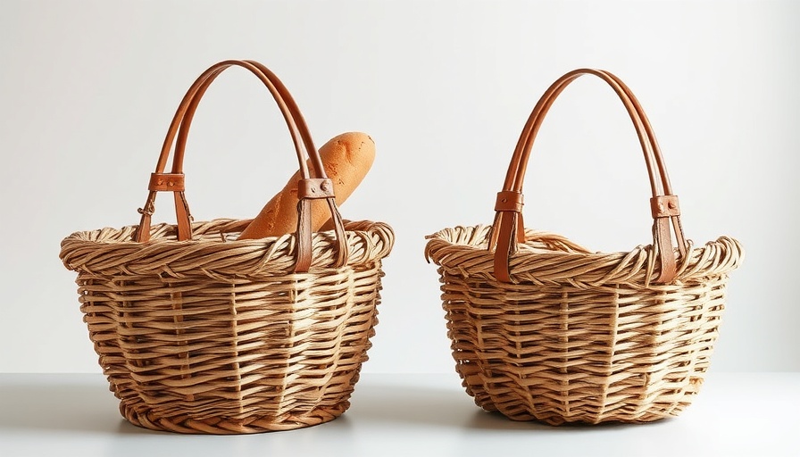 Rustic woven French market baskets with baguette inside.