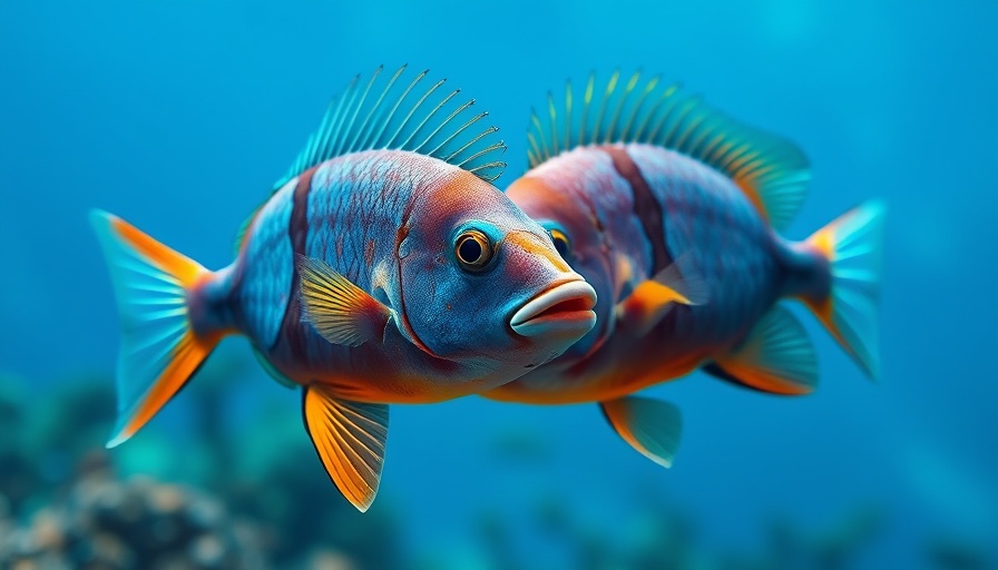 Aussie wrasses swimming in vivid blue aquarium.