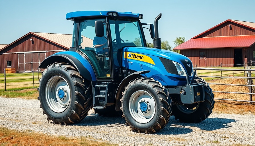 Blue methane-powered tractor driving on a farm road.